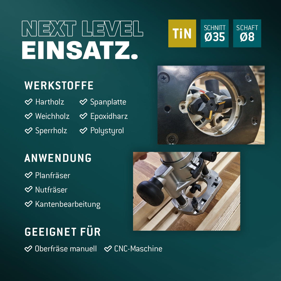 Planfräser für Oberfräse 35 mm Schnitt TiN-Messer tauschbar Holz - Bild 5