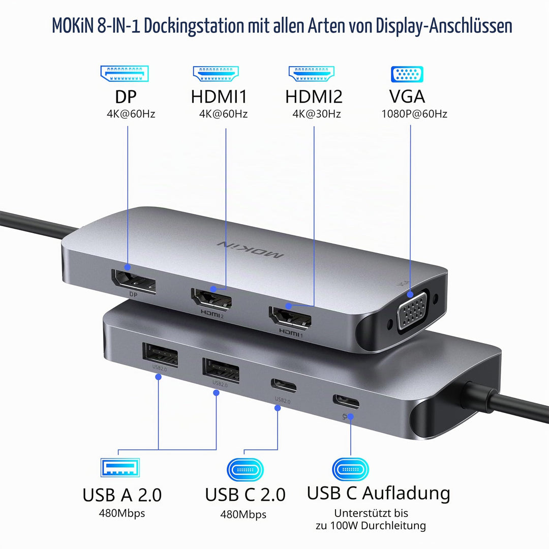 Dockingstation USB-C 8-in-1 Dual HDMI 4K fuer Laptop - Bild 2