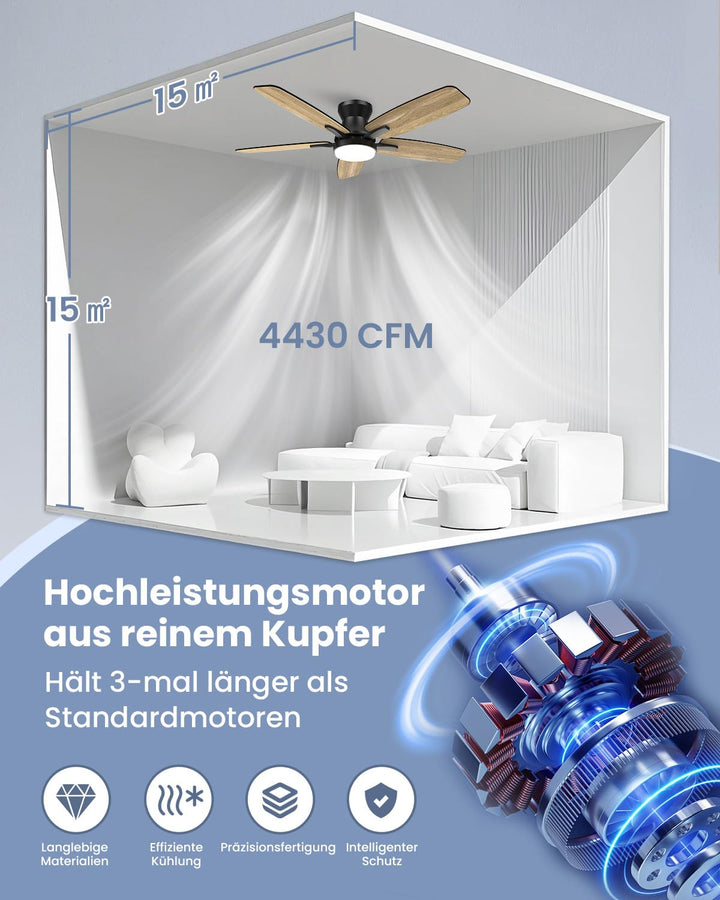 Deckenventilator mit LED-Licht 106 cm leise DC-Motor wendbare Flügel - Bild 4