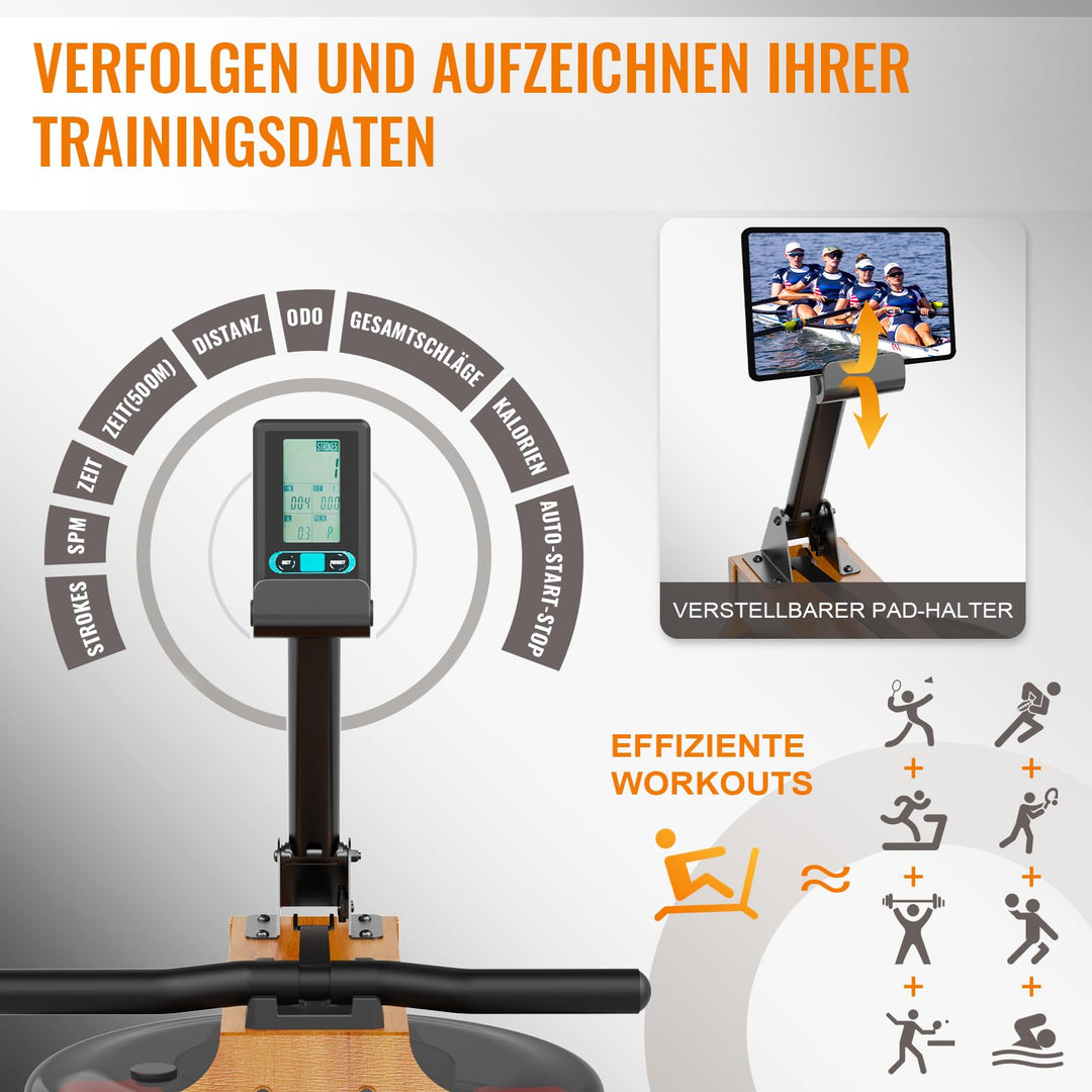 Wasser-Rudergerät Massivholz Eiche klappbar bis 150 kg mit LCD-Monitor - Bild 3