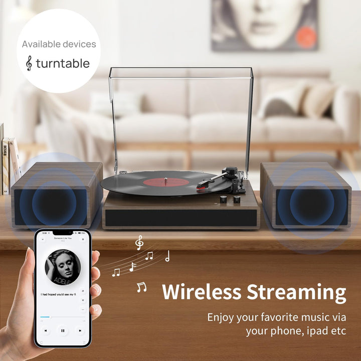 Plattenspieler Holz mit Stereo-Lautsprechern, Bluetooth &amp; Riemenantrieb