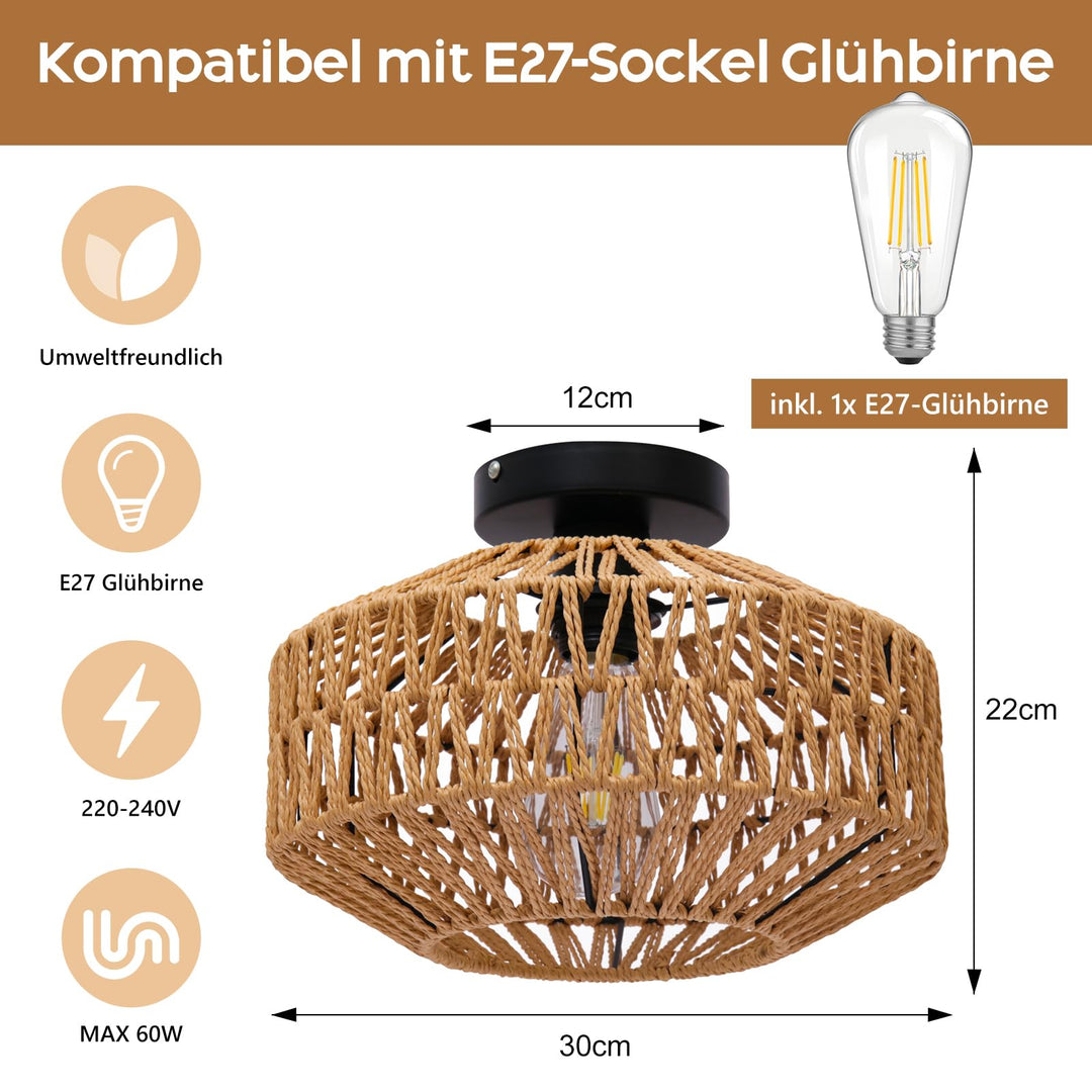 Deckenleuchte Rattan Boho E27 Vintage Ø30cm für Wohnzimmer - Bild 3