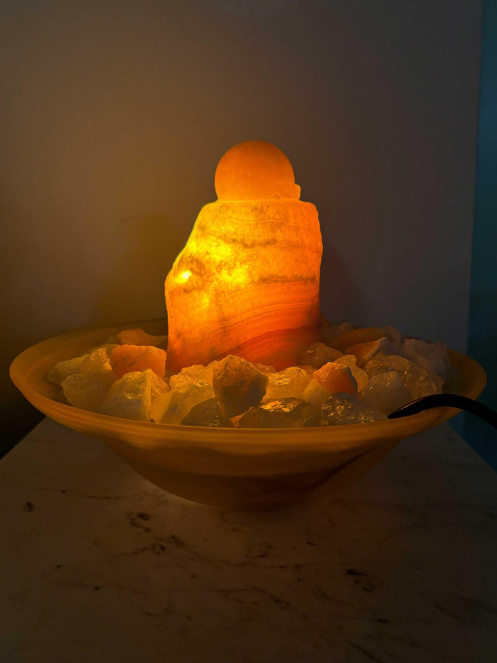 Kugelbrunnen Orangencalcit mit Beleuchtung weisse Glasschale 30 cm - Bild 3