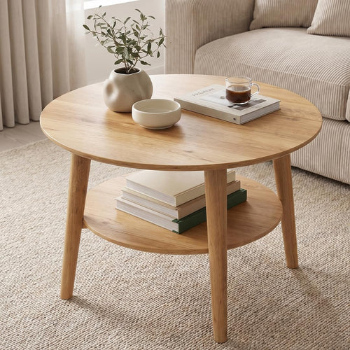 Couchtisch rund Eiche massiv Ø70 cm 2 Ablagen skandinavisch