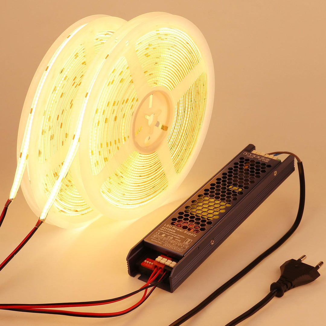 COB LED Streifen 20m warmweiss IP65 wasserdicht 24V mit Netzteil