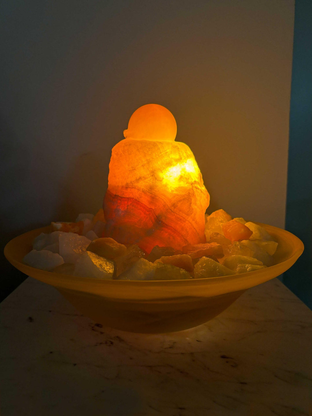 Kugelbrunnen Orangencalcit mit Beleuchtung weisse Glasschale 30 cm - Bild 2