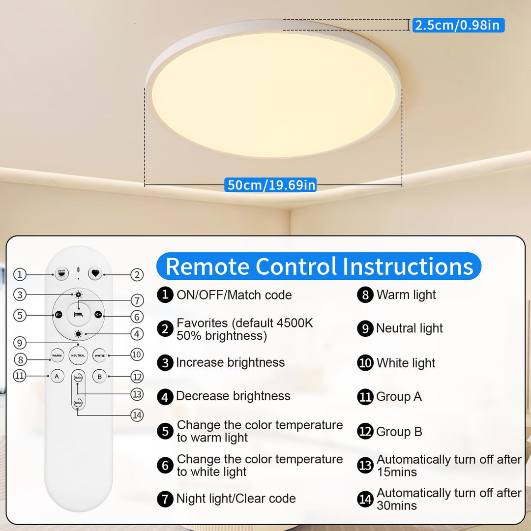 LED Deckenleuchte Flach Dimmbar Rund 48W Ø50cm mit Fernbedienung - Bild 4