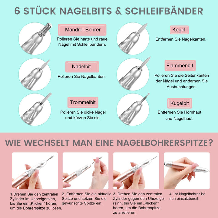 Nagelfräser elektrisch wiederaufladbar 35000 U/min Roségold - Bild 8