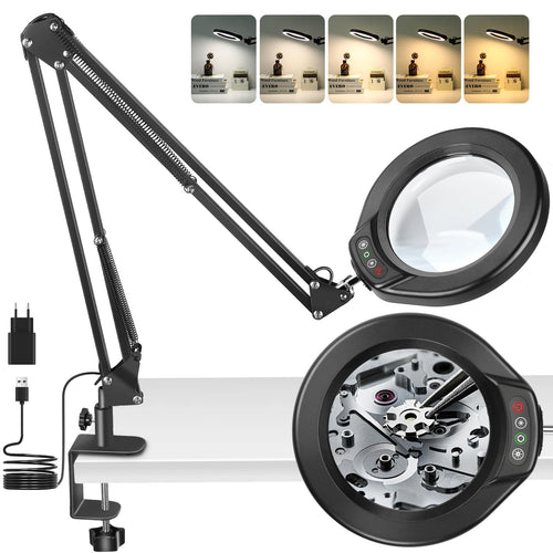 Lupenlampe 15x mit LED-Licht 5 Zoll Optikglas 5 Farbmodi Klemme