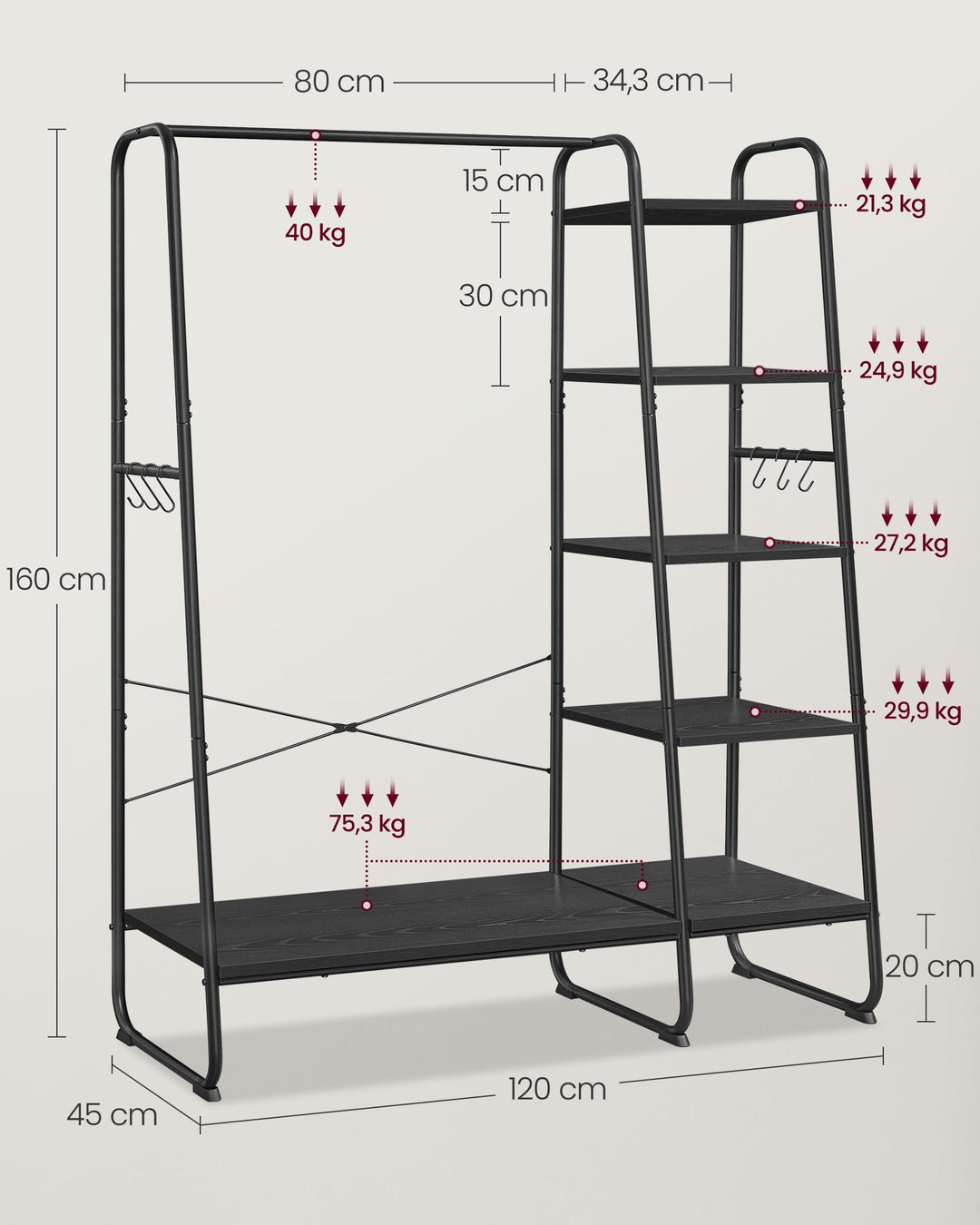 Kleiderständer Stahl Spanplatte 45x120x160 cm mit 5 Regalebenen - Bild 6