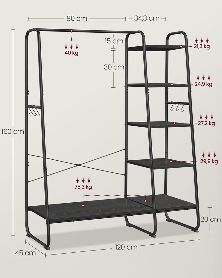 Kleiderständer Stahl Spanplatte 45x120x160 cm mit 5 Regalebenen - Bild 6