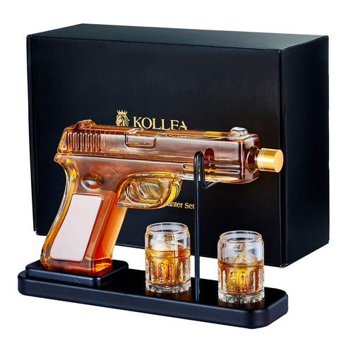 Whisky Karaffe Set mit 2 Gläsern und Holzständer, bleifreies Glas