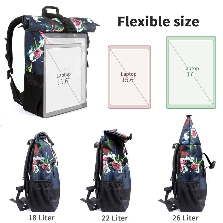 Rolltop Rucksack 17 Zoll Laptop Blumenmuster 18-26 L Damen Herren - Bild 5