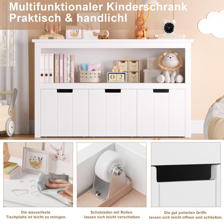 Kinderregal mit 3 Schubladen auf Rollen MDF weiss 102x33x62 cm - Bild 7