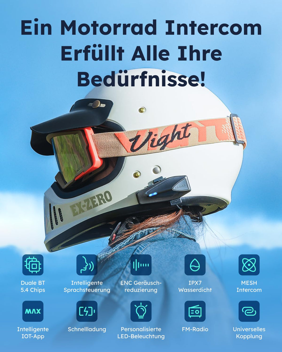 Motorrad Bluetooth Headset Mesh 8 Fahrer 8 km Reichweite IPX7 - Bild 2