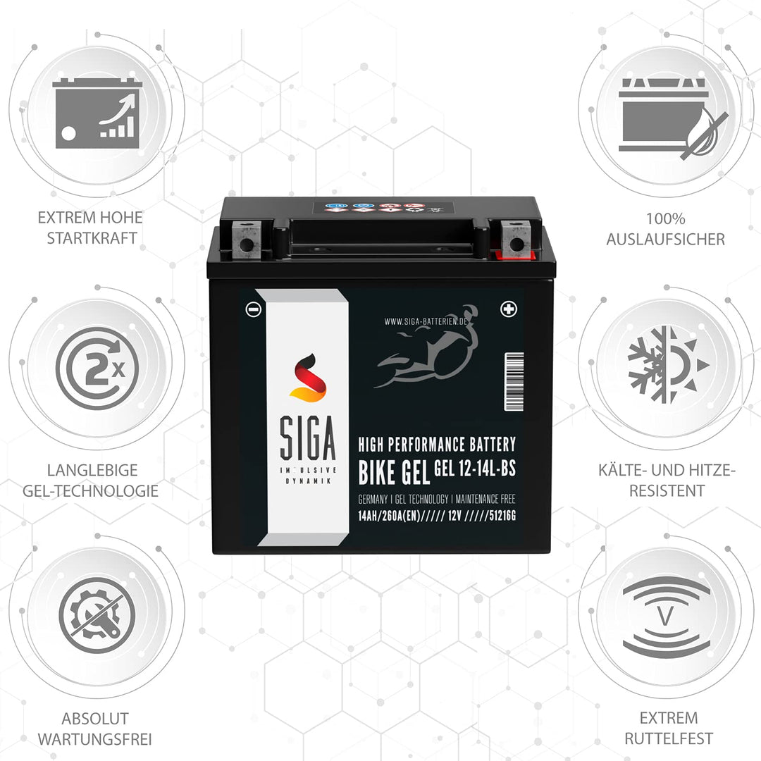 Motorradbatterie GEL 12V 14Ah YTX14L-BS wartungsfrei - Bild 2