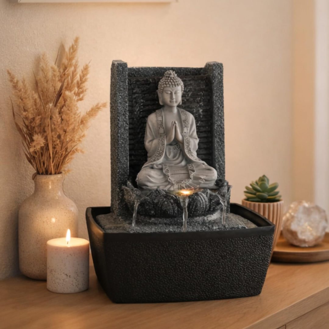 Zimmerbrunnen Buddha mit LED-Farbwechsel Kunstharz 26 cm grau - Bild 2