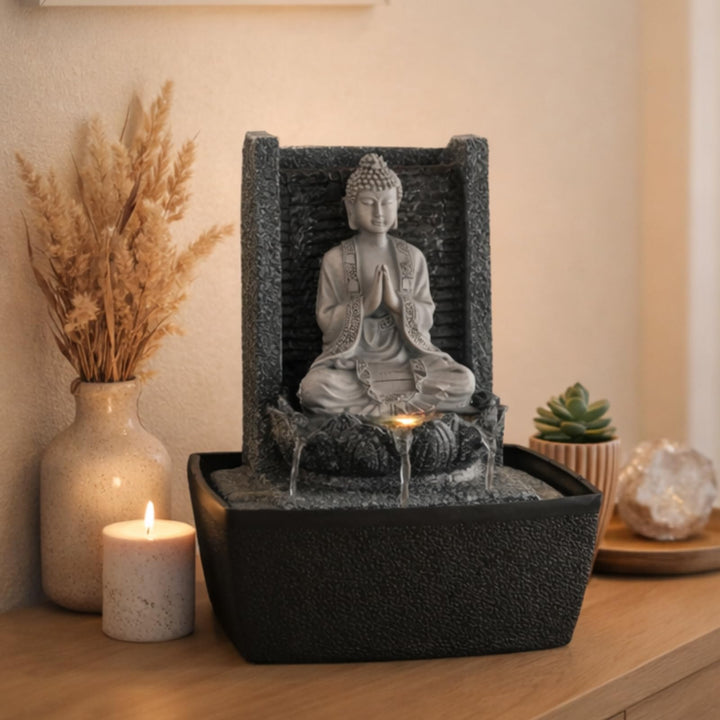 Zimmerbrunnen Buddha mit LED-Farbwechsel Kunstharz 26 cm grau - Bild 2