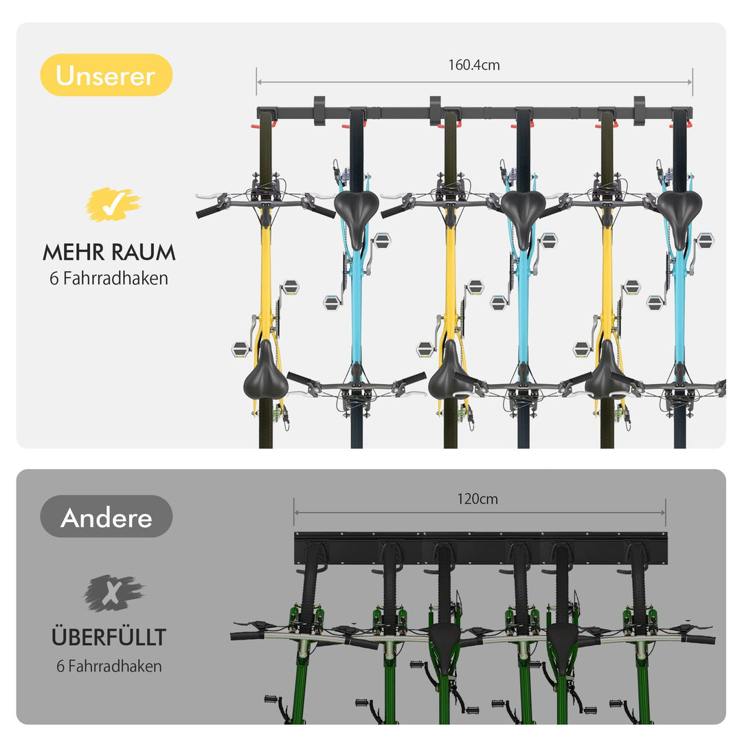 Fahrrad Wandhalterung für 6 Räder – verstellbare Haken, stabile Montage