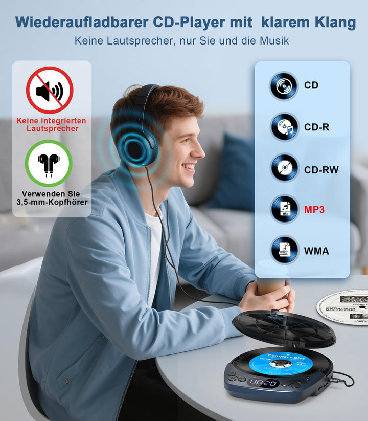 CD-Player tragbar wiederaufladbar mit Kopfhörer AUX TF-Karte - Bild 2