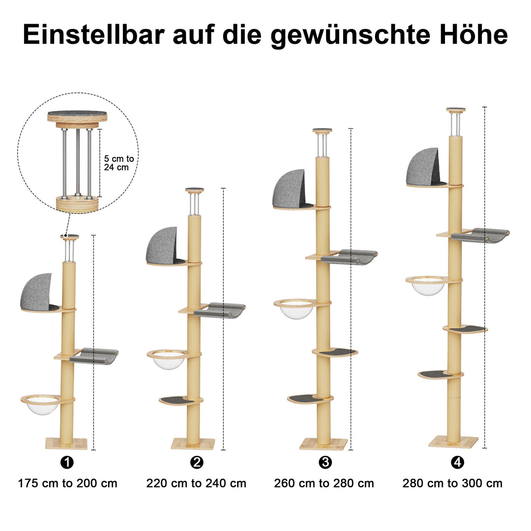 Katzenbaum Decke 6 Etagen 259-300 cm mit Raumkapsel und Hängematte - Bild 6