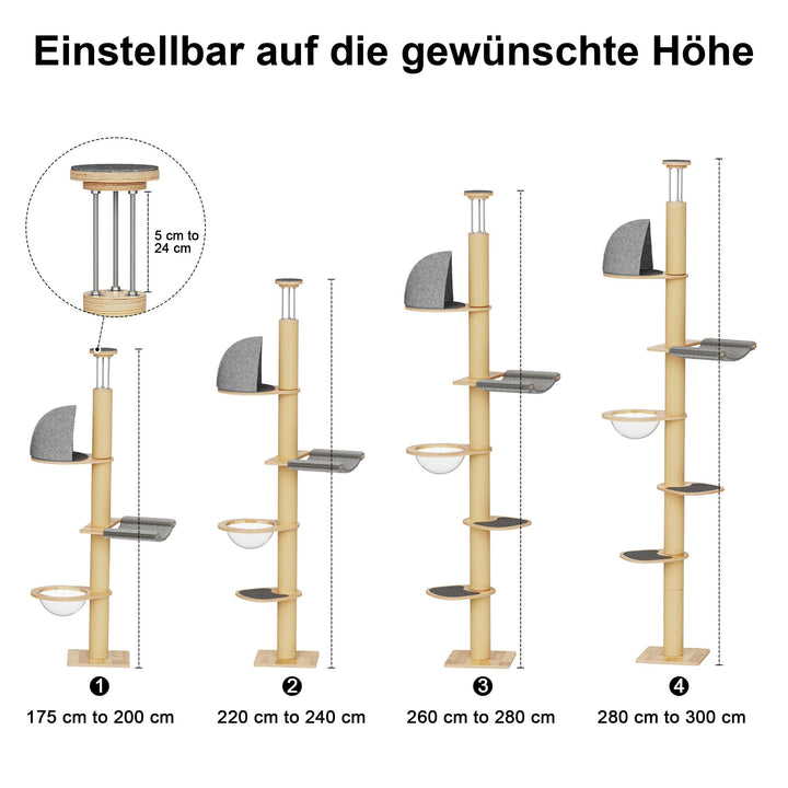 Katzenbaum Decke 6 Etagen 259-300 cm mit Raumkapsel und Hängematte - Bild 6