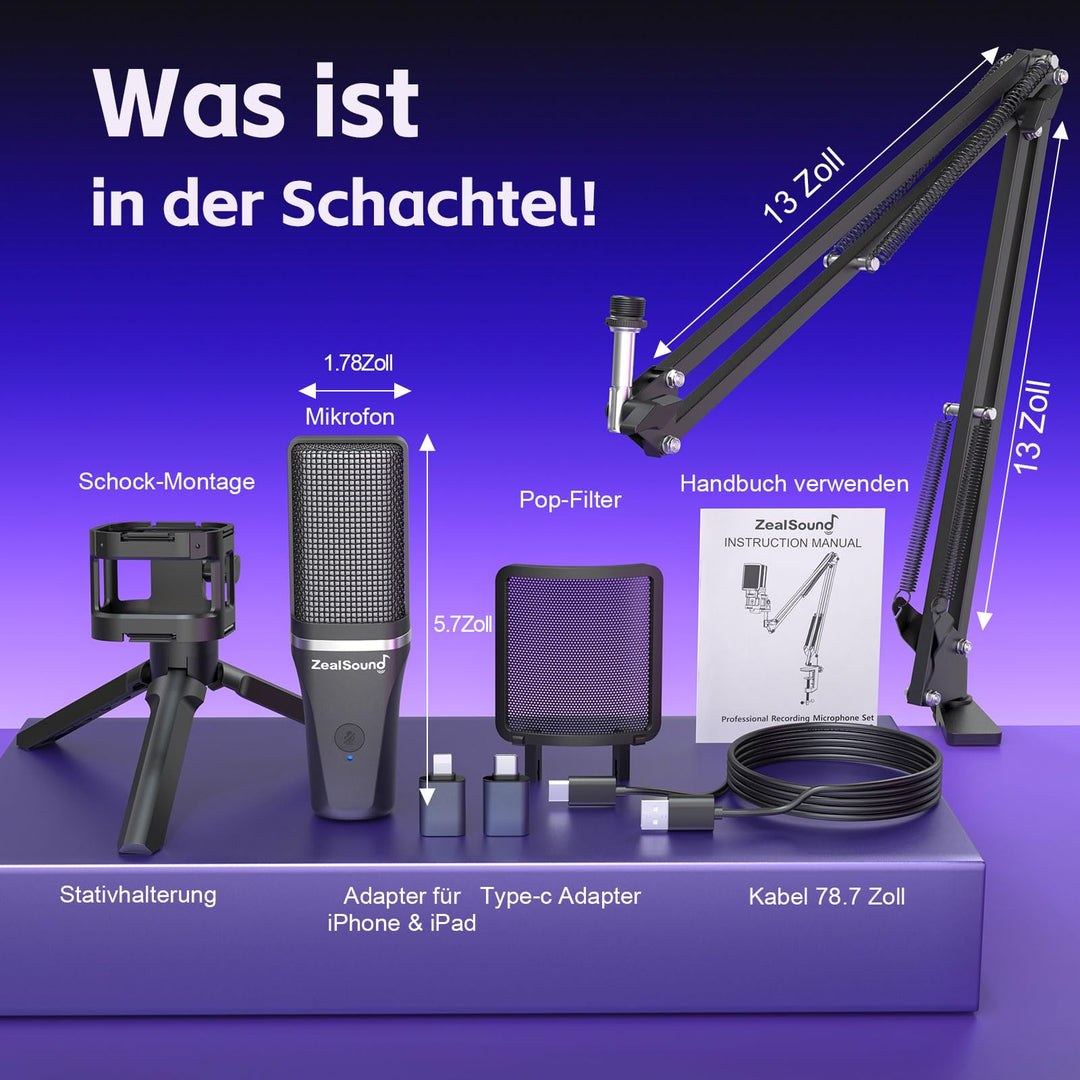 USB-Kondensatormikrofon Set mit Schwenkarm, Stativ &amp; RGB für Podcast - Bild 7