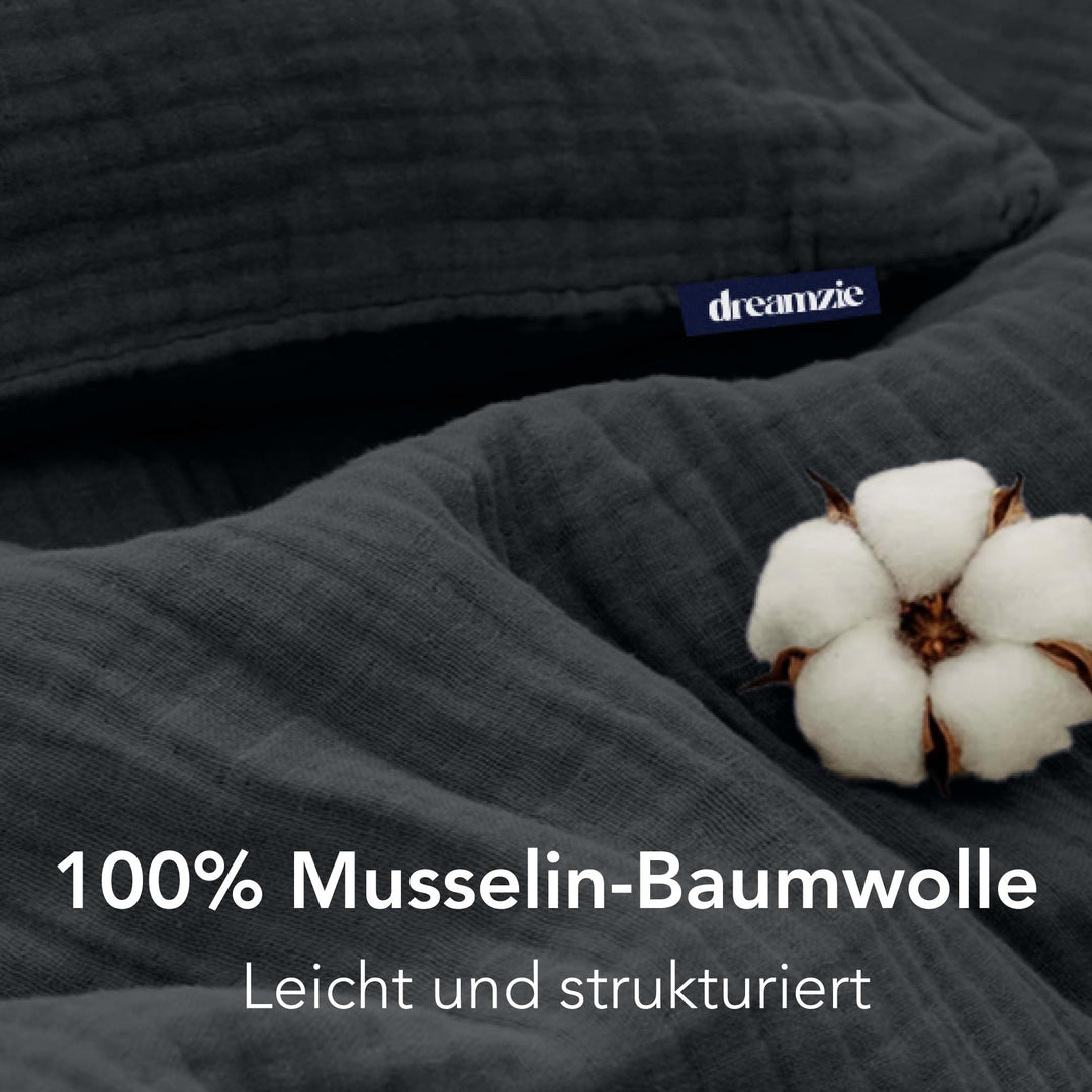 Bettwäsche-Set Musselin Baumwolle 135x200cm dunkelgrau, 2 Kissenbezüge - Bild 2