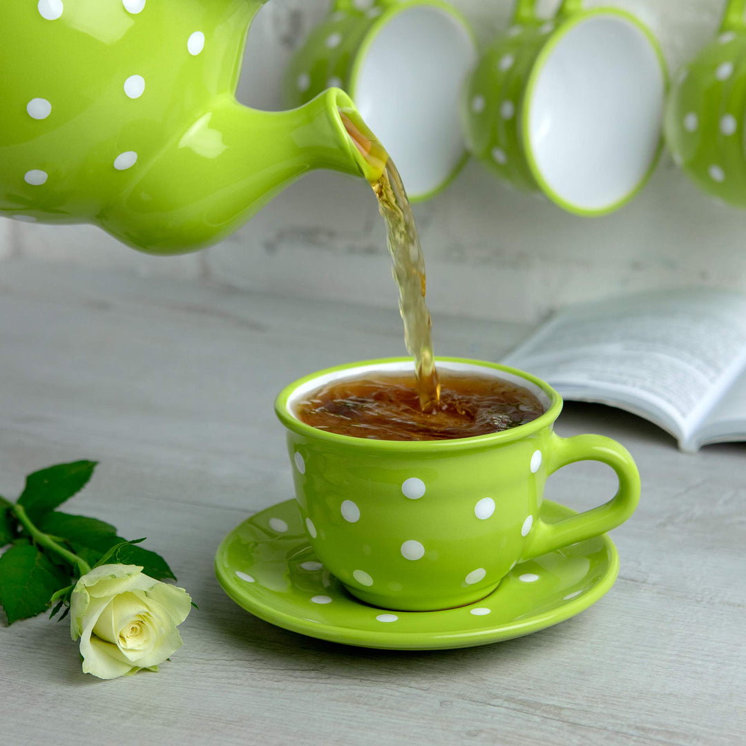 Keramik Kaffeetasse mit Untertasse 350ml Handgemacht Grün Weiß Dots - Bild 4