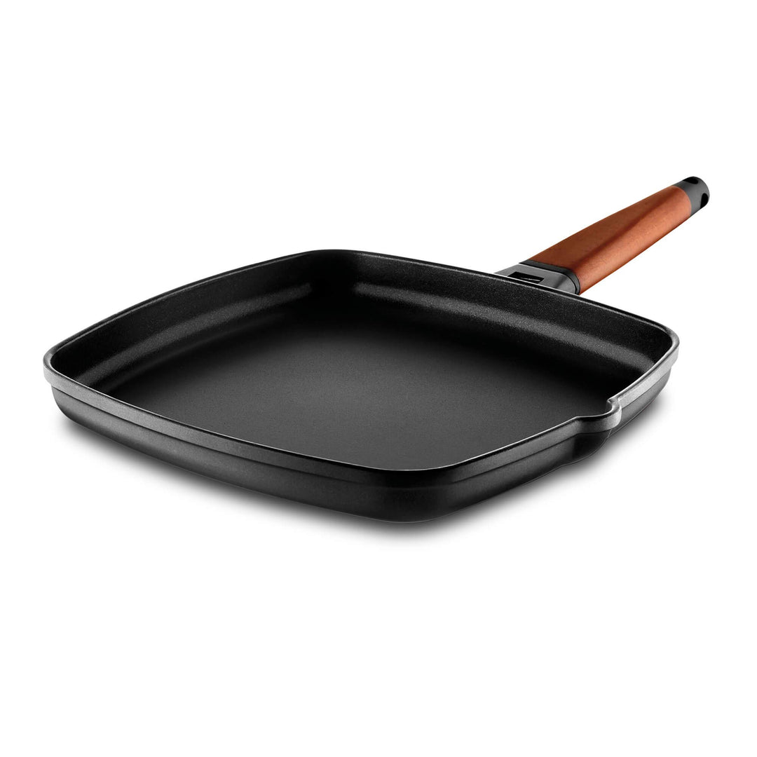 Grillpfanne Aluminiumguss glatt mit abnehmbarem Zedernholzgriff