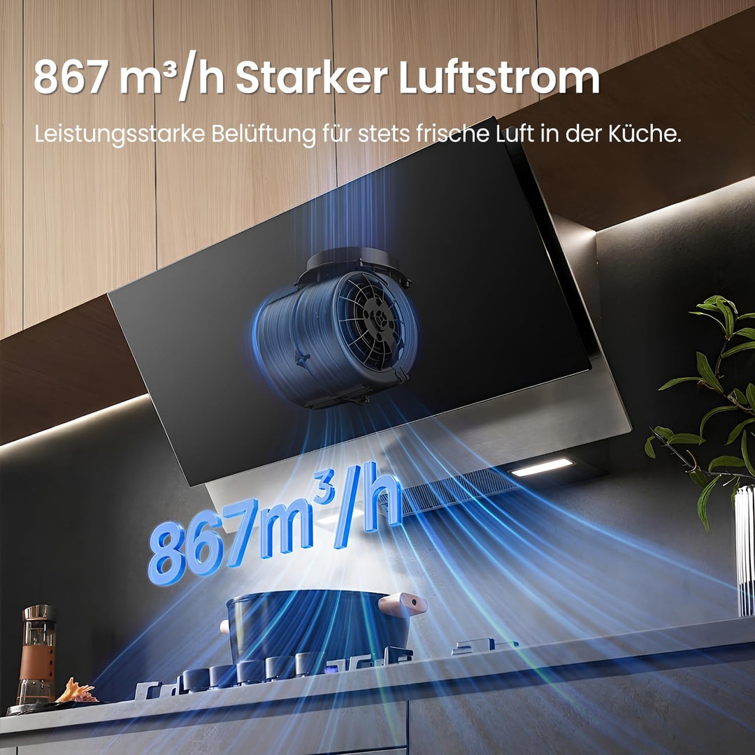 Kopffreie Dunstabzugshaube 90cm Schwarz 867m³/h A++ mit Gestensteuerung - Bild 2