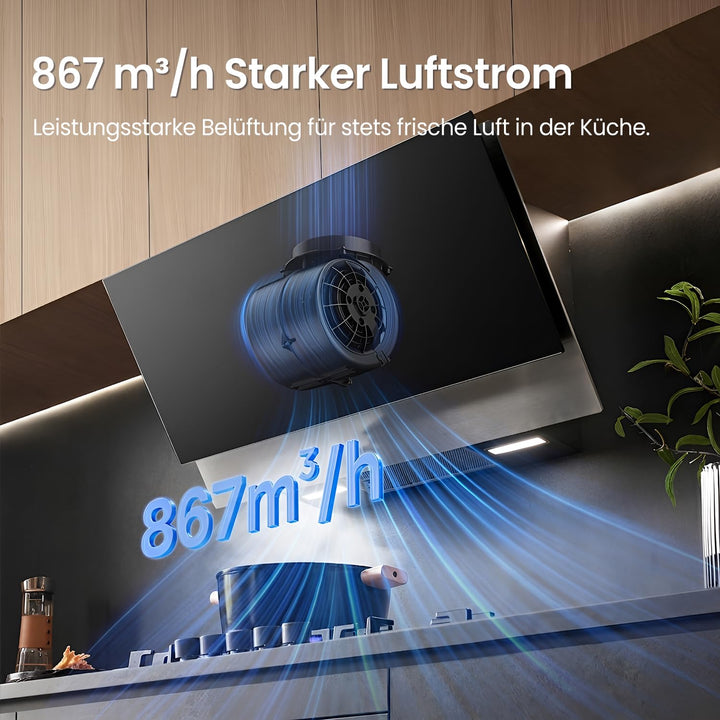 Kopffreie Dunstabzugshaube 90cm Schwarz 867m³/h A++ mit Gestensteuerung - Bild 2