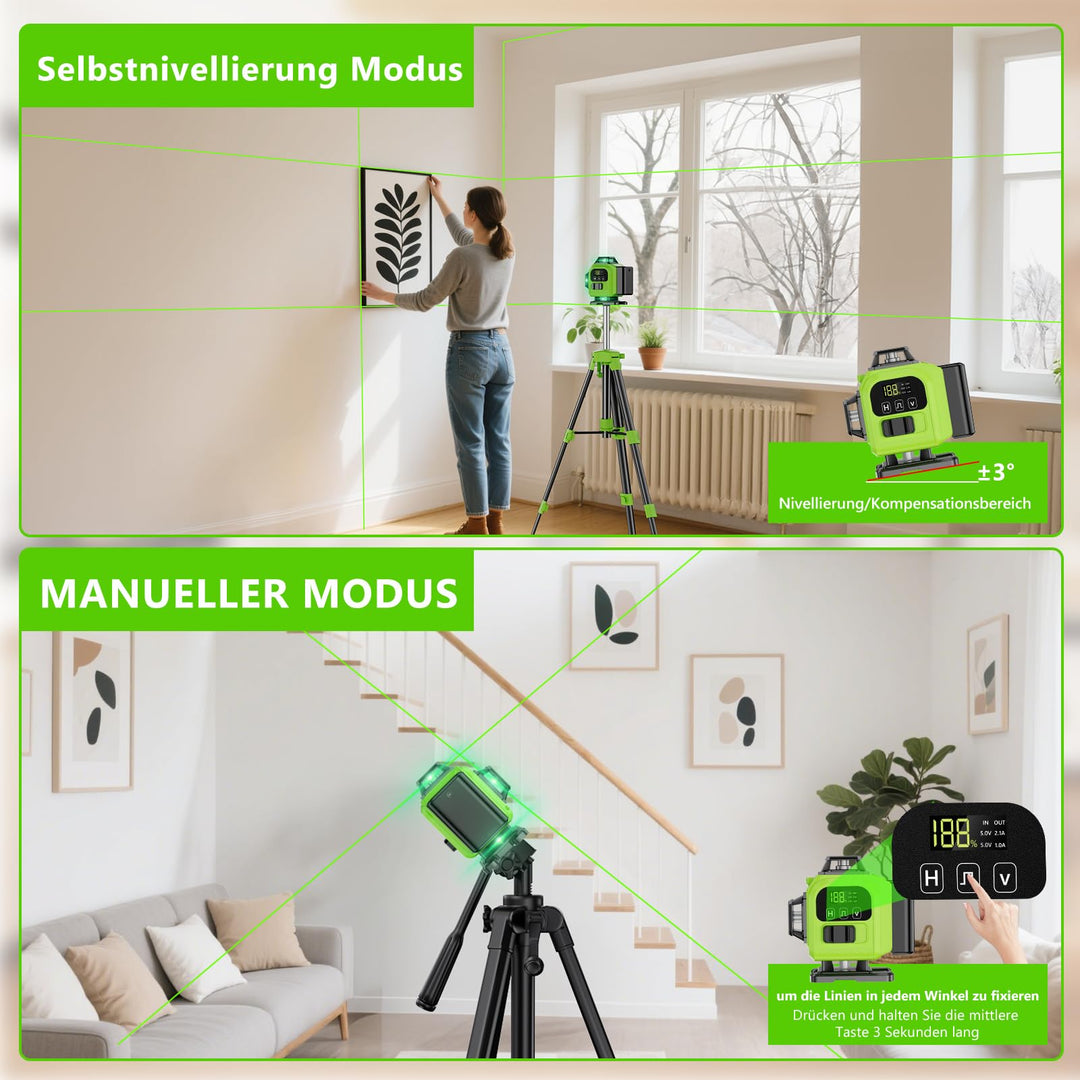 Kreuzlinienlaser Grün 16 Linien 4x360° selbstnivellierend mit Stativ - Bild 3