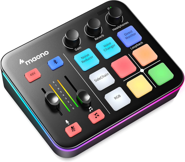 Gaming Audiomixer USB mit XLR-Eingang, 48V Phantomspeisung, RGB