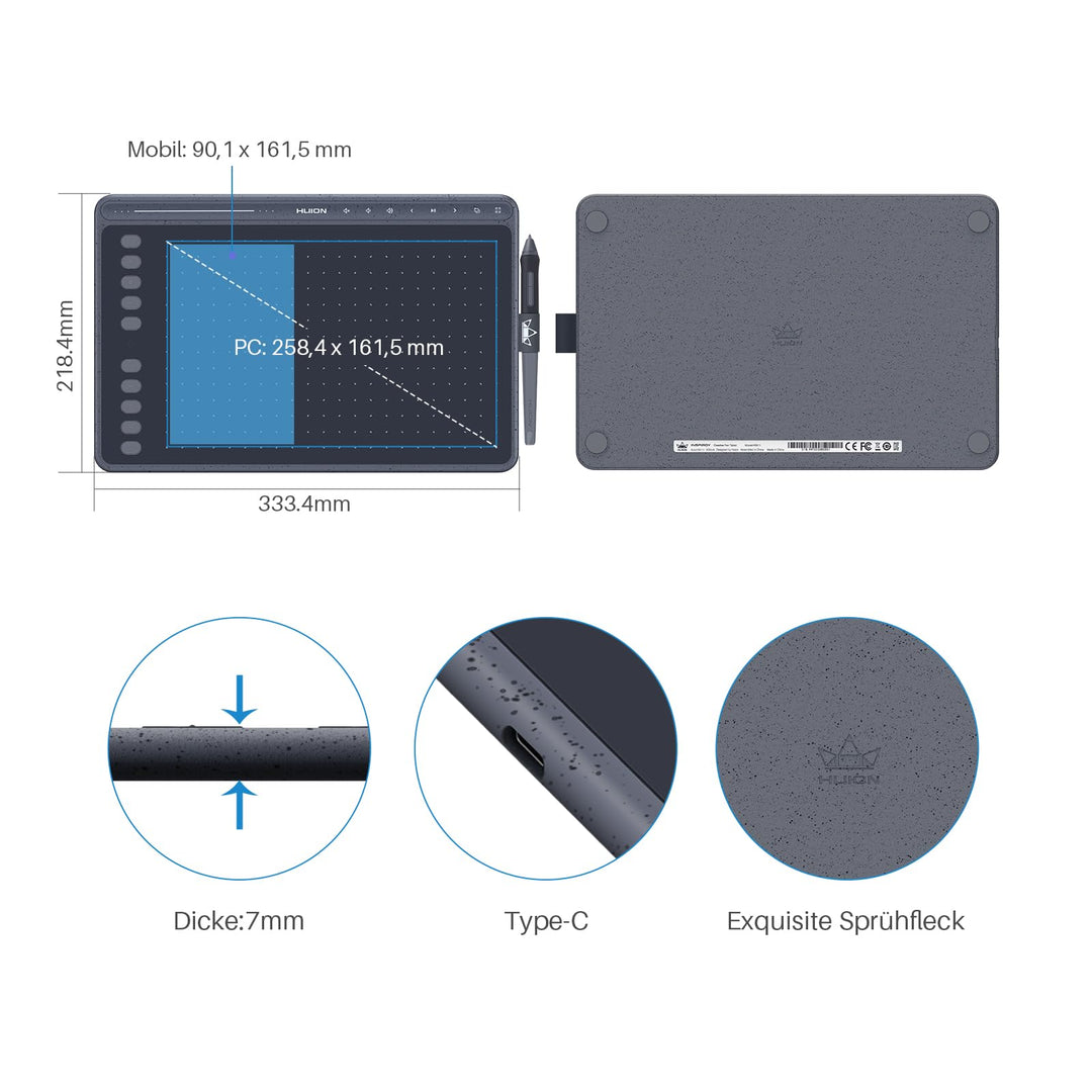 Grafiktablett 10x6 Zoll mit Multimedia-Tasten, 8192 Druckstufen, Grau - Bild 5
