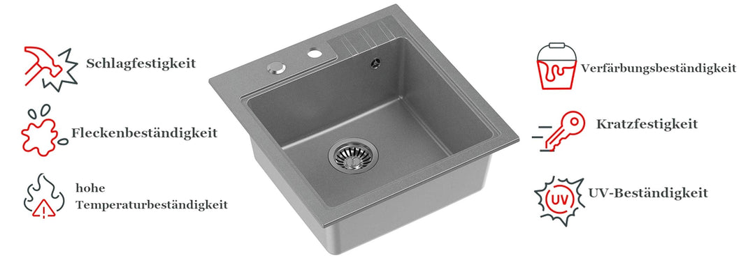 Einbauspüle Granit 52x50 cm Grau Einzelbecken mit Armatur und Siphon - Bild 4