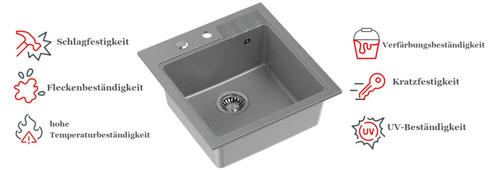 Einbauspüle Granit 52x50 cm Grau Einzelbecken mit Armatur und Siphon - Bild 4