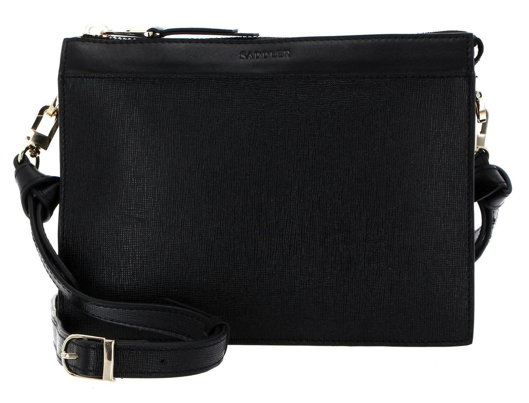 Umhängetasche Damen Schwarz Echtleder-Look mit Goldverschluss 24,5 cm