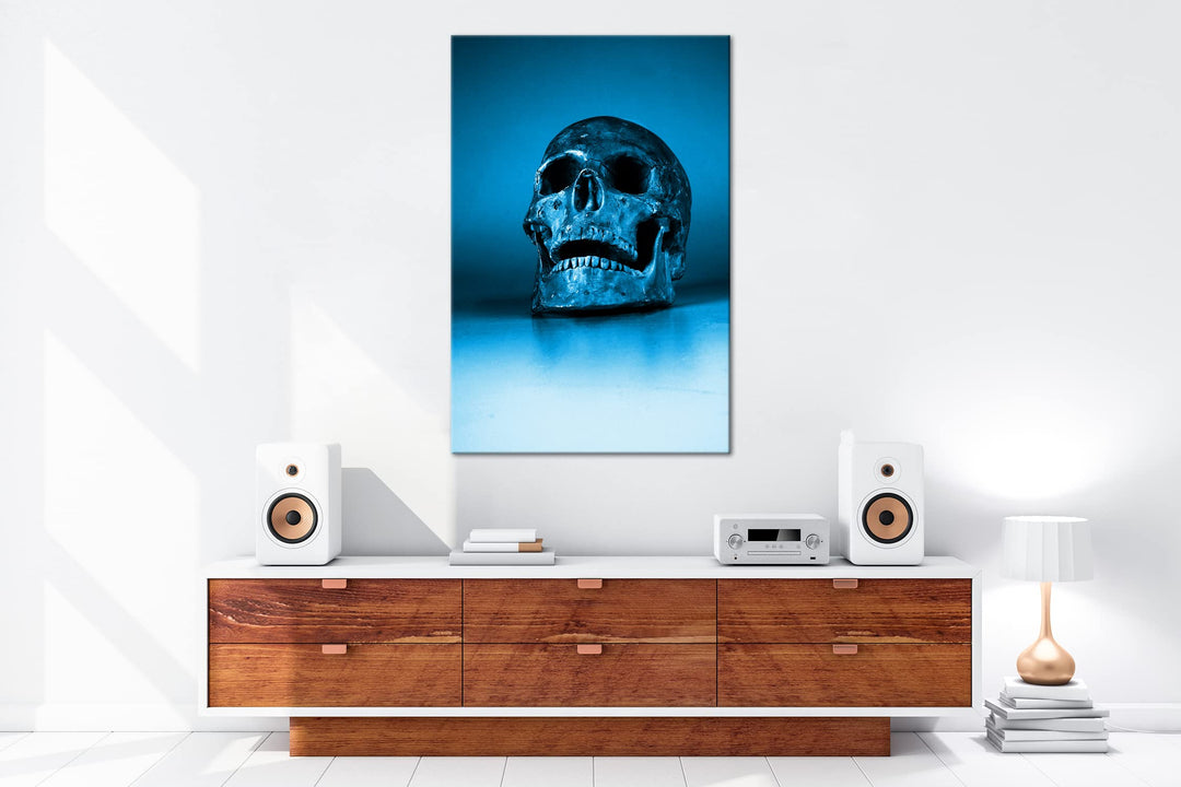 Leinwandbild Totenkopf Monochrom Blau 80x60 cm Echtholzrahmen - Bild 5
