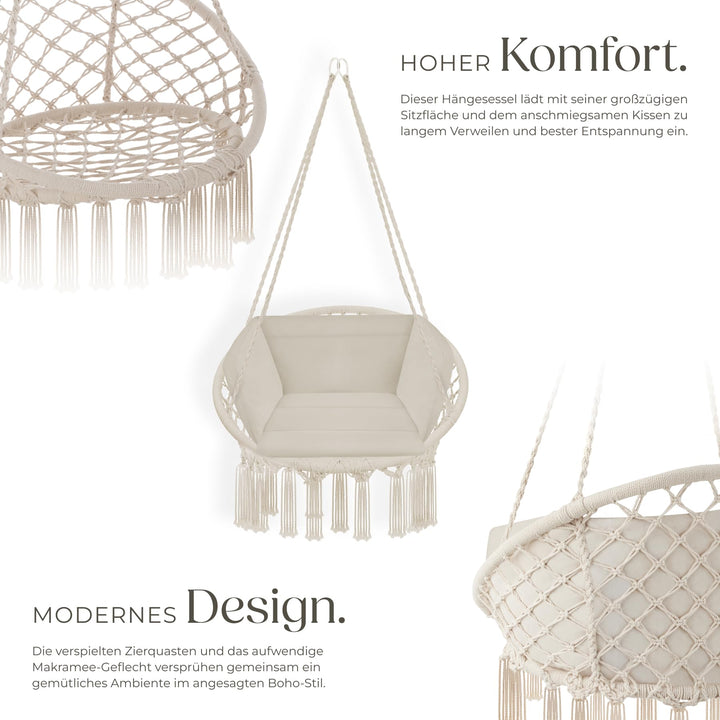Hängesessel mit Gestell Baumwollgeflecht Boho bis 150 kg beige - Bild 3