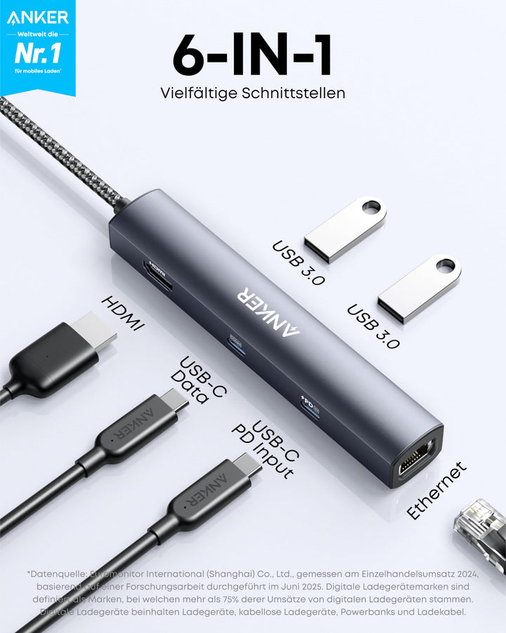 USB-C Hub 6-in-1 mit HDMI 4K, Ethernet 1 Gbps und Power Delivery
