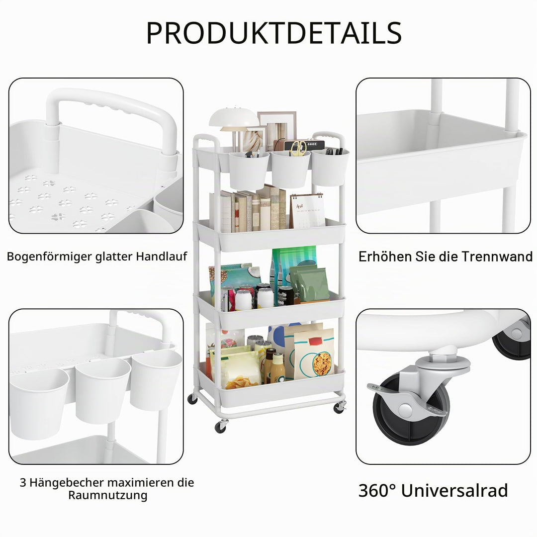 Rollwagen Kunststoff 4-stöckig mit Bechern und Griffen für Küche Bad Büro - Bild 7