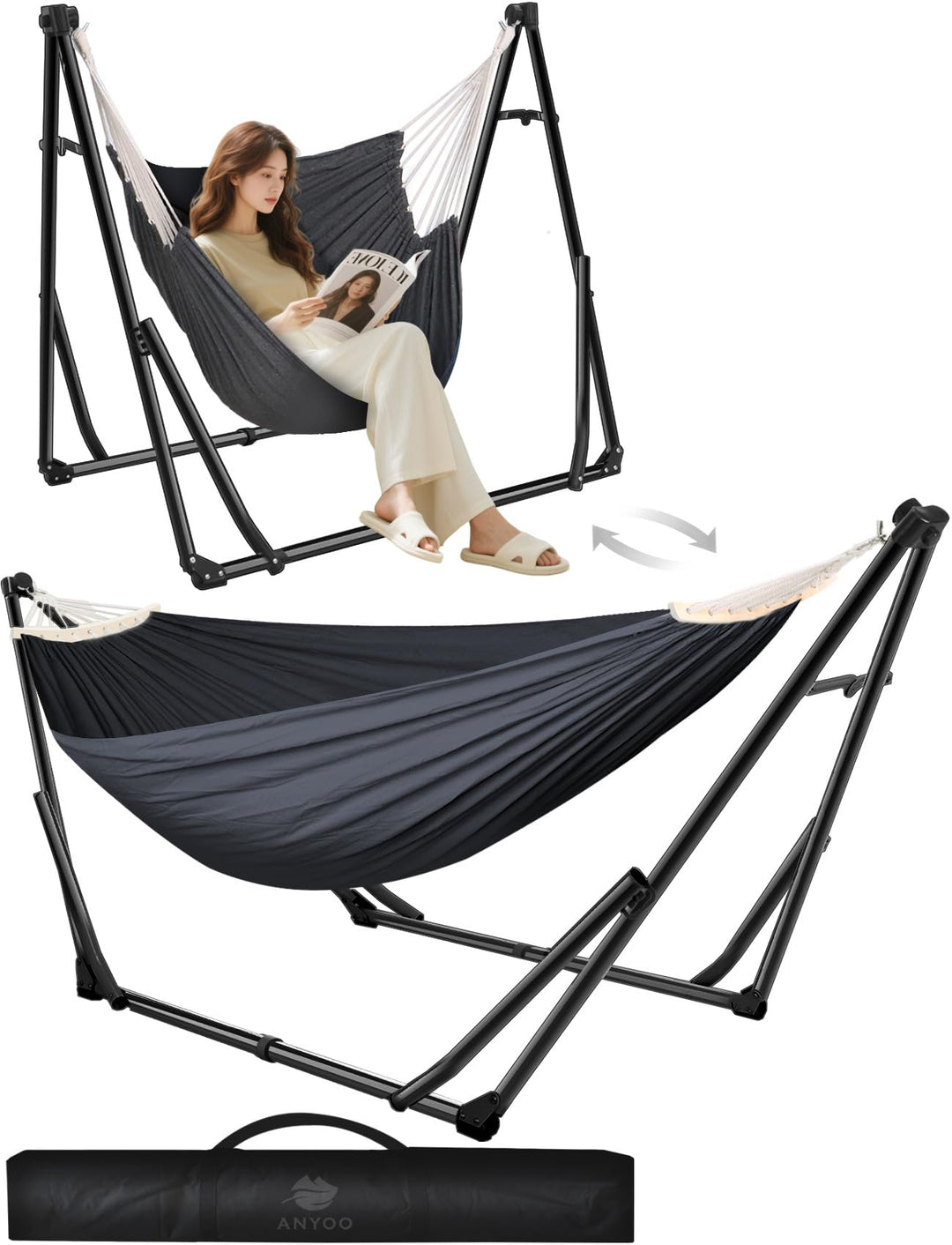 Hängematte und Hängesessel 2-in-1 Set mit Stahlgestell klappbar