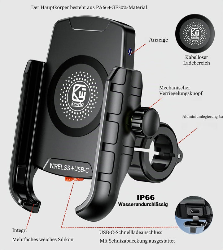 Motorrad Handyhalterung mit 15W Qi Wireless Charger IP66 wasserdicht - Bild 3