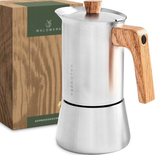 Espressokocher Edelstahl 300ml mit Eichenholzgriff – Alle Herdarten