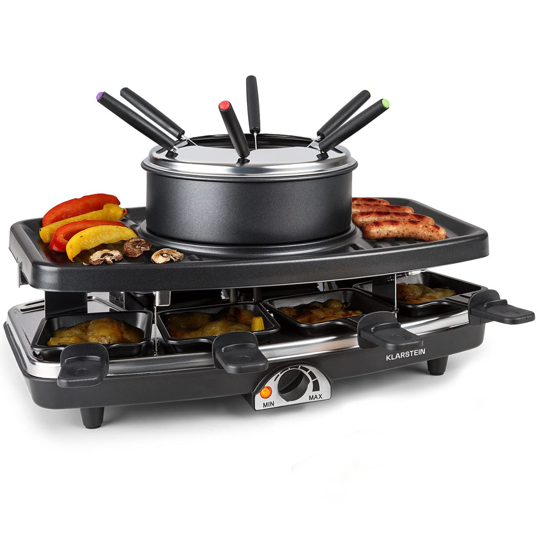 Raclette-Fondue-Set 3-in-1 mit Steinplatte 1100W fuer 8 Personen
