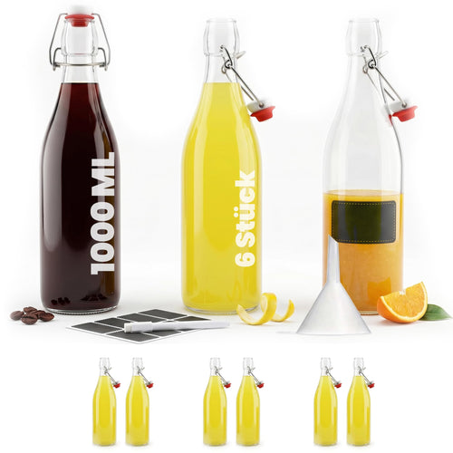 Bügelflasche 1 Liter Glas 6er-Set mit Verschluss zum Befüllen