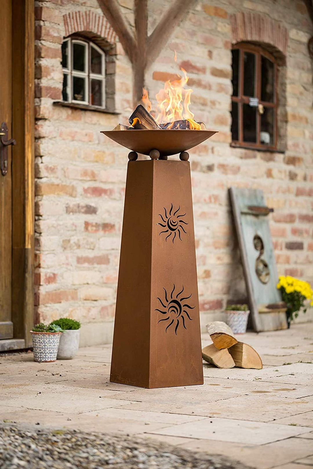 Feuerschale Dekosäule Sonne Metall Edelrost 2-teilig 103 cm
