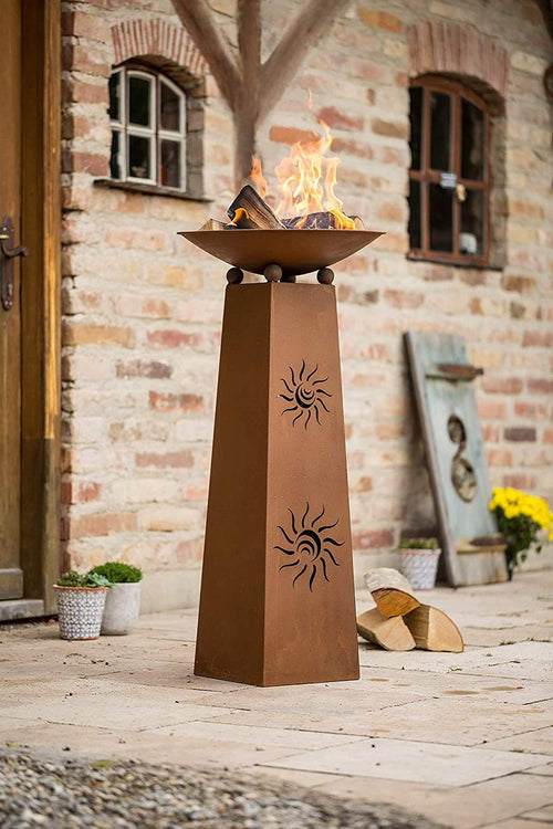 Feuerschale Dekosäule Sonne Metall Edelrost 2-teilig 103 cm