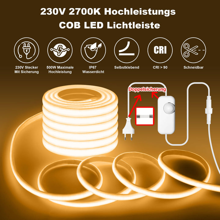 COB LED Streifen Aussen IP67 Warmweiss 2700K 230V 20m Selbstklebend - Bild 2